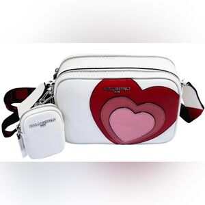 Karl Lagerfeld Paris White Crossbody Camera Bag with Red and Pink Hearts NWT